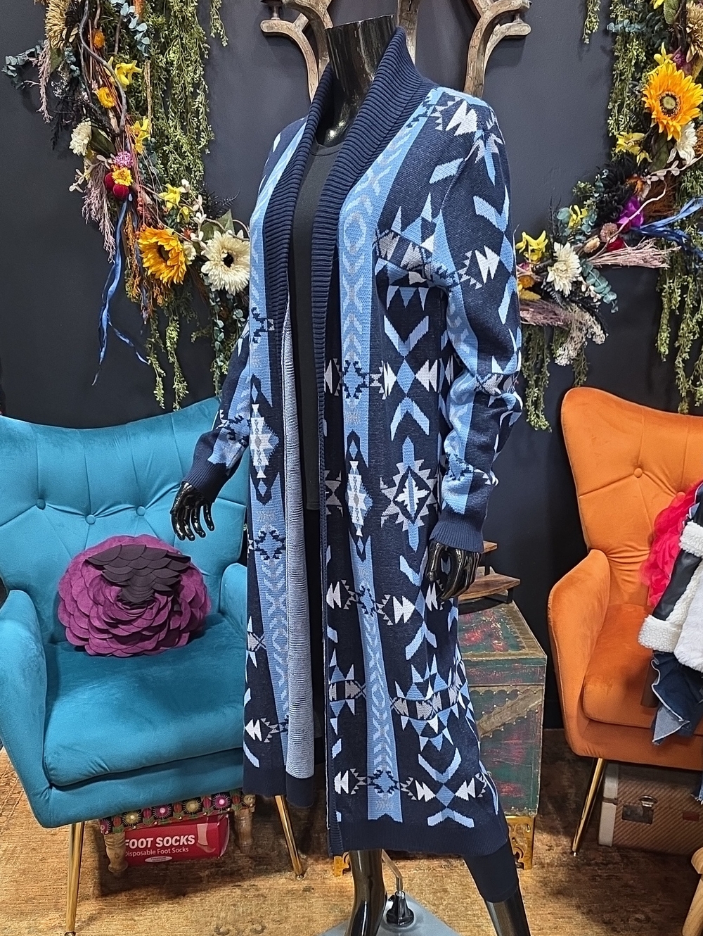 Panhandle Long Blue Aztec Inspired Open-Front Cardigan Sweater